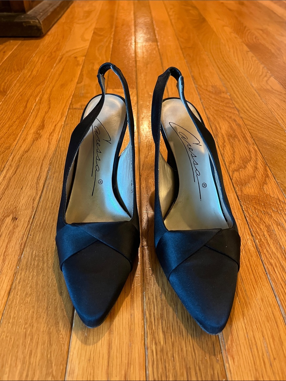 Caressa’s Black Satin Pointed Slingback Pumps